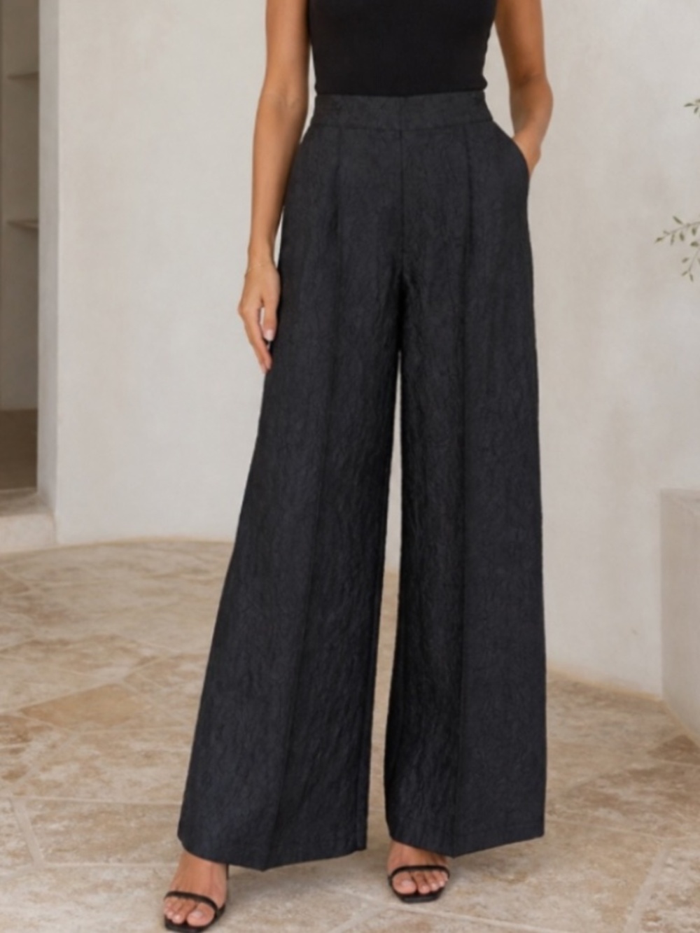 House Of Harlow 1960 High-Waist Textured Palazzo Wide Leg Pants Black Size XS